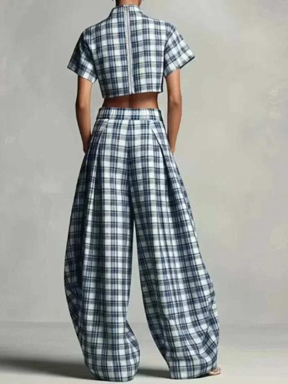 Blue & White Plaid Short Top + Wide Leg Pants Set - Picture 5 of 6